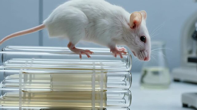 A Curious White Mouse Navigating Stacked Petri Dishes in a Laboratory Setting, Capturing the Essence of Research and Exploration in Science.
