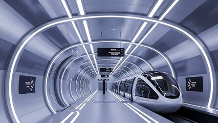 Obraz premium A futuristic, high-speed train awaits passengers in a modern, brightly lit underground subway station, showcasing advanced public transportation technology for urban mobility and efficient travel.