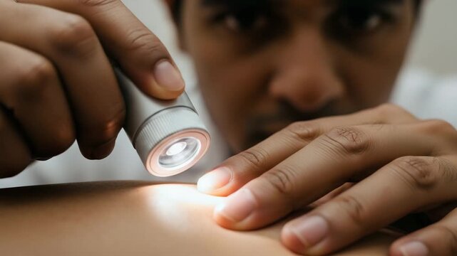 Doctor Examining Patient Skin with Penlight for Diagnosis
