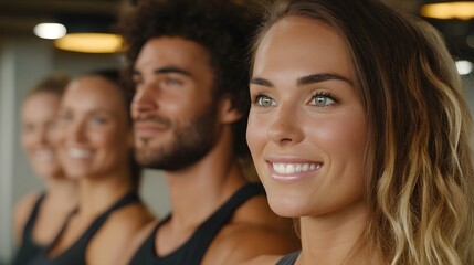 Fototapeta premium A diverse team of young adults smiling together in a bright gym setting promoting physical health and wellness