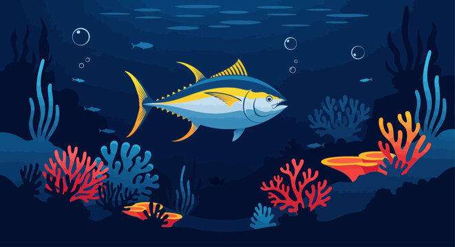 Deep Sea Tuna Flat Vector Background with High Contrast Coral