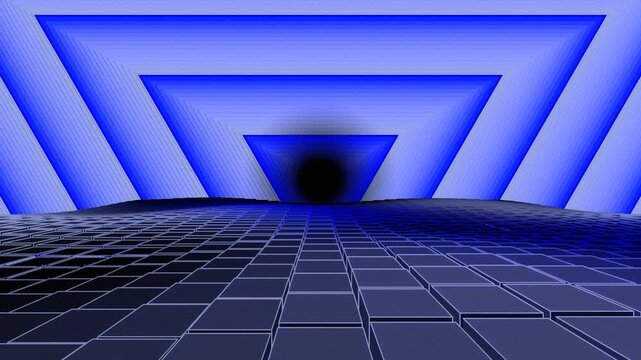 3D Neon Cube Corridor Background with a triangular pattern, white and blue, for videotrons, advertising, gaming, virtual environments, music, digital signage, virtual reality, live events, meetings,