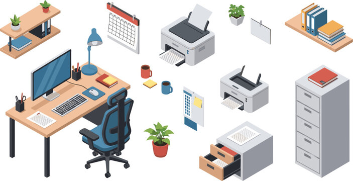Isometric Office Workspace with Desk, Computer, Printers, Files, Calendar, and Office Furniture for Modern Office Design Illustrations