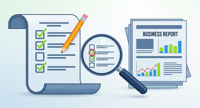 Business document audit and checklist with magnifier pencil.