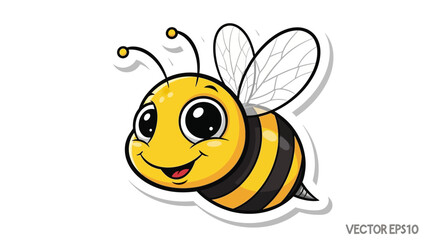 Obraz premium Cute cartoon bee illustration, happy, smiling, flying, isolated on white background.