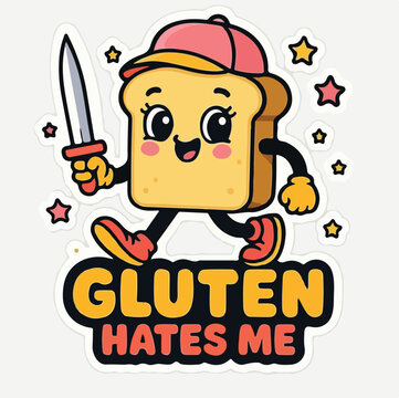 Happy cartoon bread slice character wearing a hat and holding a small toy sword while walking with cheerful excited expression