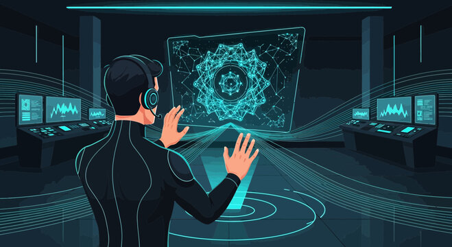 Futuristic interface operator interacting with a complex data visualization screen in a control room