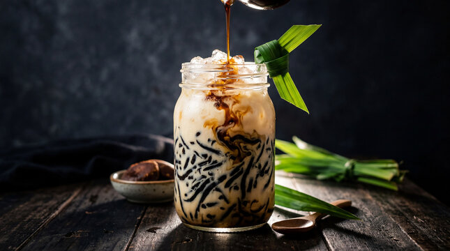 Es dawet ireng &mdash; dramatic black pandan jelly in coconut milk with palm sugar. Central Java traditional drink. Dark composition. No release.