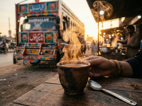 Steaming hot doodh patti chai in traditional clay cup at Pakistani roadside dhaba during golden hour, authentic South Asian tea culture