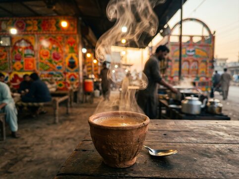 Steaming hot doodh patti chai in traditional clay cup at Pakistani roadside dhaba during golden hour, authentic South Asian tea culture