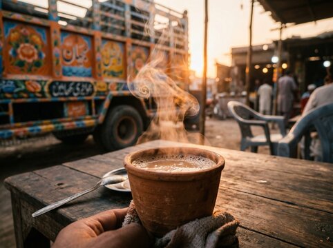 Steaming hot doodh patti chai in traditional clay cup at Pakistani roadside dhaba during golden hour, authentic South Asian tea culture