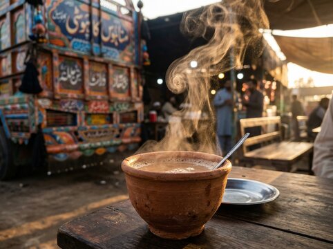 Steaming hot doodh patti chai in traditional clay cup at Pakistani roadside dhaba during golden hour, authentic South Asian tea culture