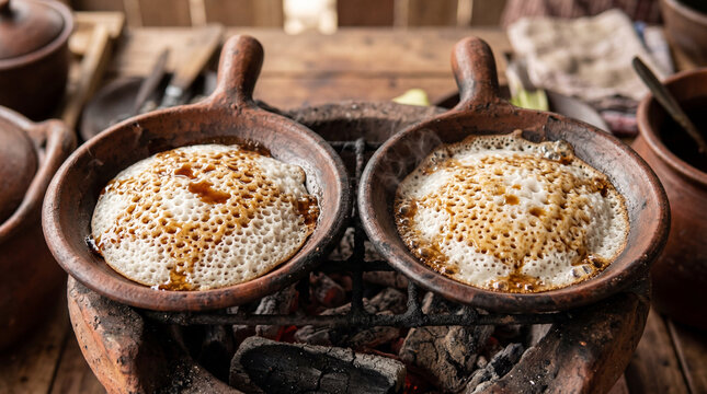 Serabi Solo &mdash; porous coconut rice pancake in terracotta clay pan with palm sugar kinca drizzle. Traditional Javanese snack. No release.