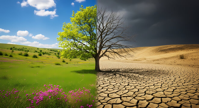 A single tree stands half in a lush green meadow and half in a dry, cracked desert landscape under a dual sky.