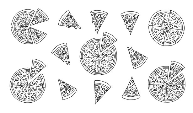 Pizza doodle collection vector outline slices whole pie icon set