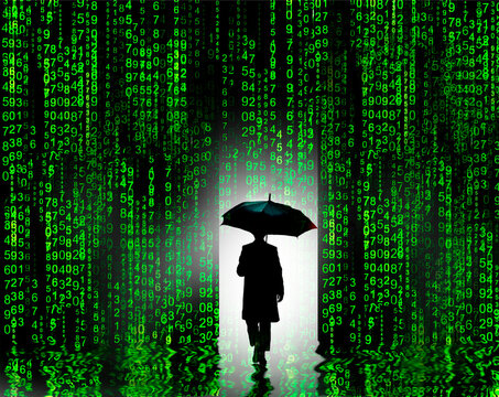 Silhouette with umbrella in digital rain matrix code concept