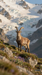 Obraz premium Majestic Alpine Ibex Standing On Rocky Mountain Slope With Glacier Background
