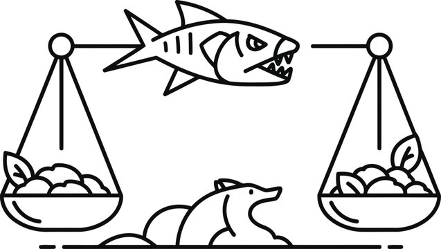 A balancing scale comparing a fish and a dog with a cat in the middle.