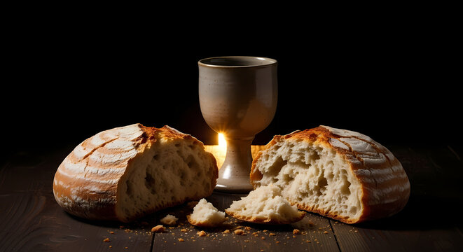 A solemn communion scene features broken bread and a chalice illuminated by a single candle in the darkness.