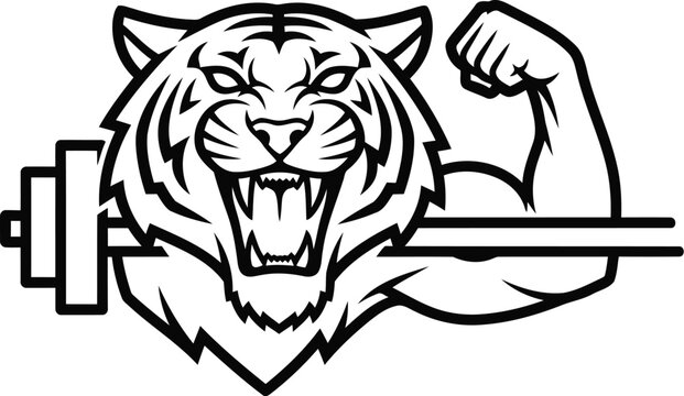 A stylized illustration of a tiger's head gripping a barbell with its paw