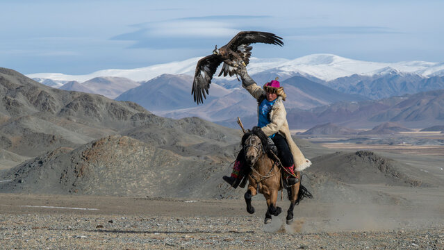 Eagle hunter in Mongolian Altai mountain with golden eagle on horseback