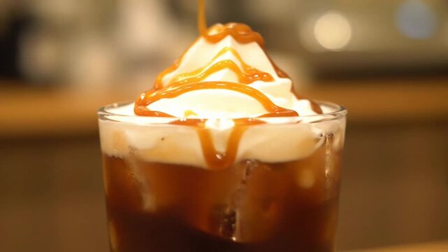 A refreshing iced coffee topped with whipped cream and caramel drizzle.