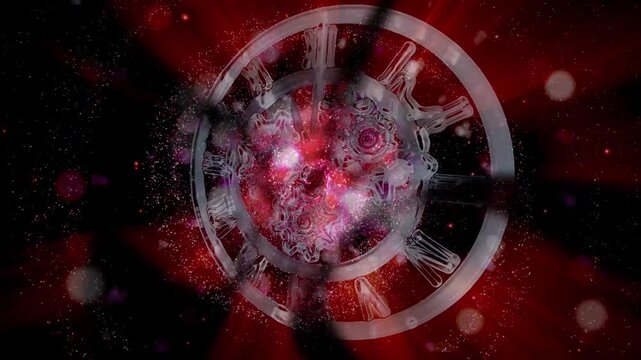 A surreal cosmic clock with rotating gears floats within a glowing galaxy, symbolizing the infinite flow of time, universal motion, and the connection between mechanics and the cosmos.
