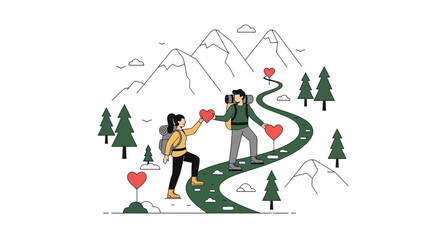 Fototapeta premium Couple Hiking Mountains with Hearts, Love Journey Adventure