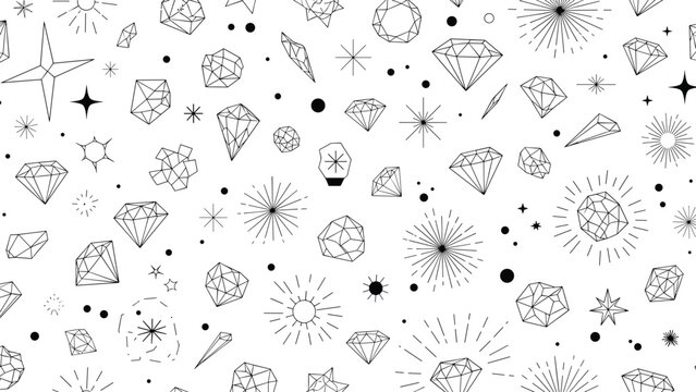 Sophisticated pattern of various geometric diamond shapes and sparkling star elements drawn in a fine black line style on a white background.