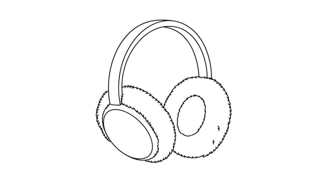 Pair of soft and fluffy winter earmuffs with a simple headband shown in a clean black and white line art style for cold weather themes.