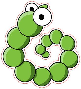 Cute cartoon green caterpillar, segmented round spiral body and big eyes. Insect character design for children's educational content, entomology. Isolated. Sticker for print. Part of a series.