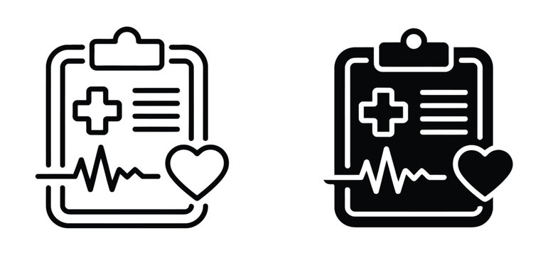 Medical report clipboard icon vector set, outline and silhouette healthcare documentation, diagnosis, and patient record symbols for hospital, clinic, and app design