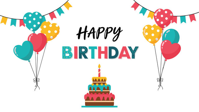 Happy birthday greeting design featuring a layered chocolate cake with one candle colorful heart shaped balloons and festive party bunting.