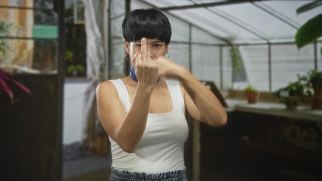 Young chinese woman raises middle finger and clenched fist while standing in a greenhouse building wearing a white tank top and blue scarf; defiance challenge.
