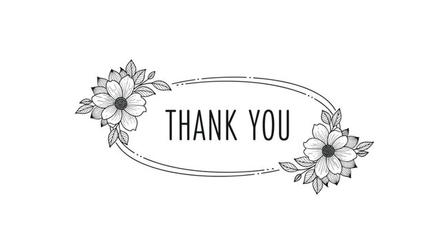 Gracious thank you text enclosed in an elegant oval frame decorated with beautiful blooming flowers in a classic black and white line art.
