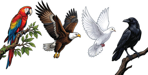 Obraz premium Bird Collection Featuring Parrot, Eagle, Dove, and Raven in Detailed Style for Wildlife, Nature, Symbolism, and Freedom-Themed Designs