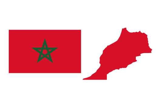 Official National Flag and Map of Morocco Silhouette Vector Illustration Featuring the Red Field with Green Pentagram Star Symbol for Moroccan Identity, Geography, and Travel Concepts