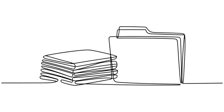 Minimalist line drawing of stacked files and folders