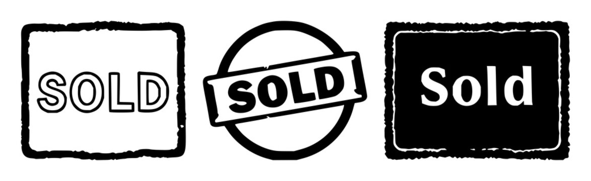 Sold stamp icon set with solid black icon on white background featuring clear stamp text, simple line art, flat design with sale and status and commerce