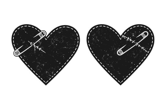 Two Distressed Black Heart Shapes with White Stitched Outlines and Metal Safety Pins, Grunge Punk Emo Aesthetic Vector Illustration for Alternative Fashion, Broken Heart and Mending Symbolism