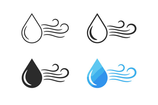 Water Droplet with Airflow Lines Icon Set Representing Humidity, Moisture Control, and Air Quality for HVAC, Ventilation, and Climate Control Systems in Line and Solid Vector Graphic Styles.