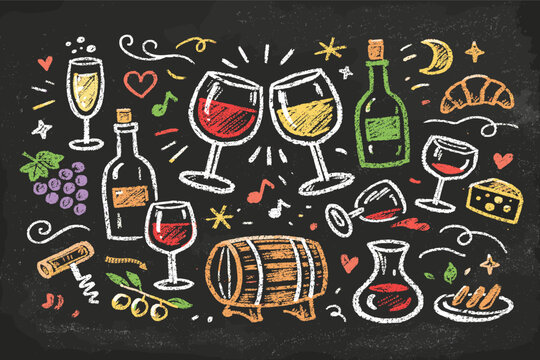 Colorful Chalkboard Wine Doodles with Glasses Clinking in a Cheers Toast. Hand-Drawn Sketch Featuring Grapes, Cheese, Bottles, and Barrel. Perfect for Party Invitations and Parisian Cafe Decor.