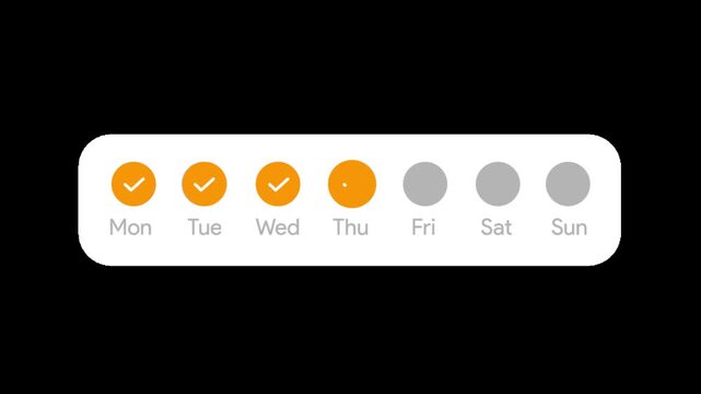 Animated weekly streak habit tracker and goal achievement progress: 7 days with checkmarks and done tasks UI overlay for productivity app. Transparent background MOV alpha