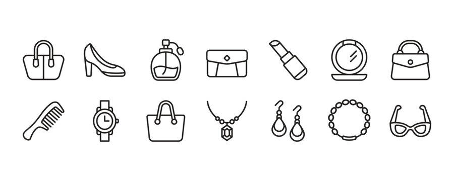 Woman Accessories Icon Set. Vector Graphic Illustration.
