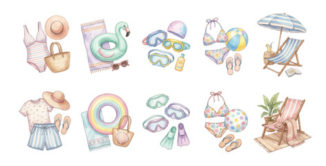 Watercolor Summer Beach Vector Set - Swimwear, Floats, Snorkel Gear, Beach Chair Illustration © chloe