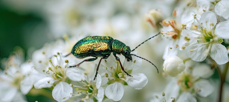Close-up of a metallic green beetle with gold hues perched on tiny white blossoms