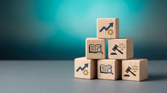 A symbolic representation of business law and growth, with wooden blocks featuring relevant icons, and arranged creatively