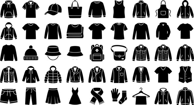 Apparel Icon Grid. Outline icon set of apparel variety: hoodie, polo shirt, cap, tote bag, sweatshirt, tank
