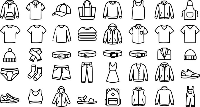 Apparel Icon Grid. Outline icon set of apparel variety: hoodie, polo shirt, cap, tote bag, sweatshirt, tank

