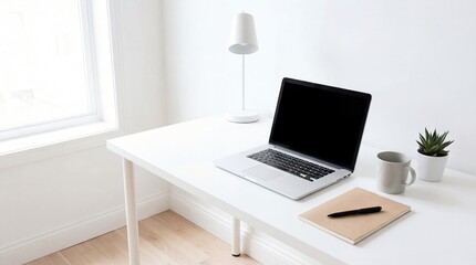 Fototapeta premium A modern workspace featuring a laptop, notebook, and accessories on a desk. A minimalist office setting that invites productivity